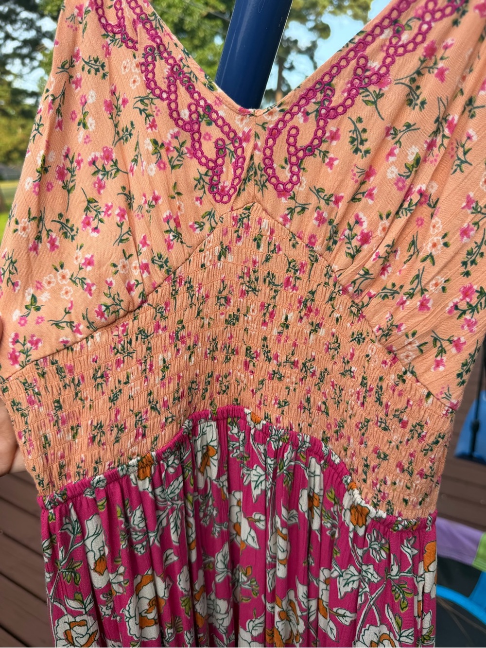 Angie Pink Floral Smocked Maxi Dress NWOT Large - Picture 3 of 9
